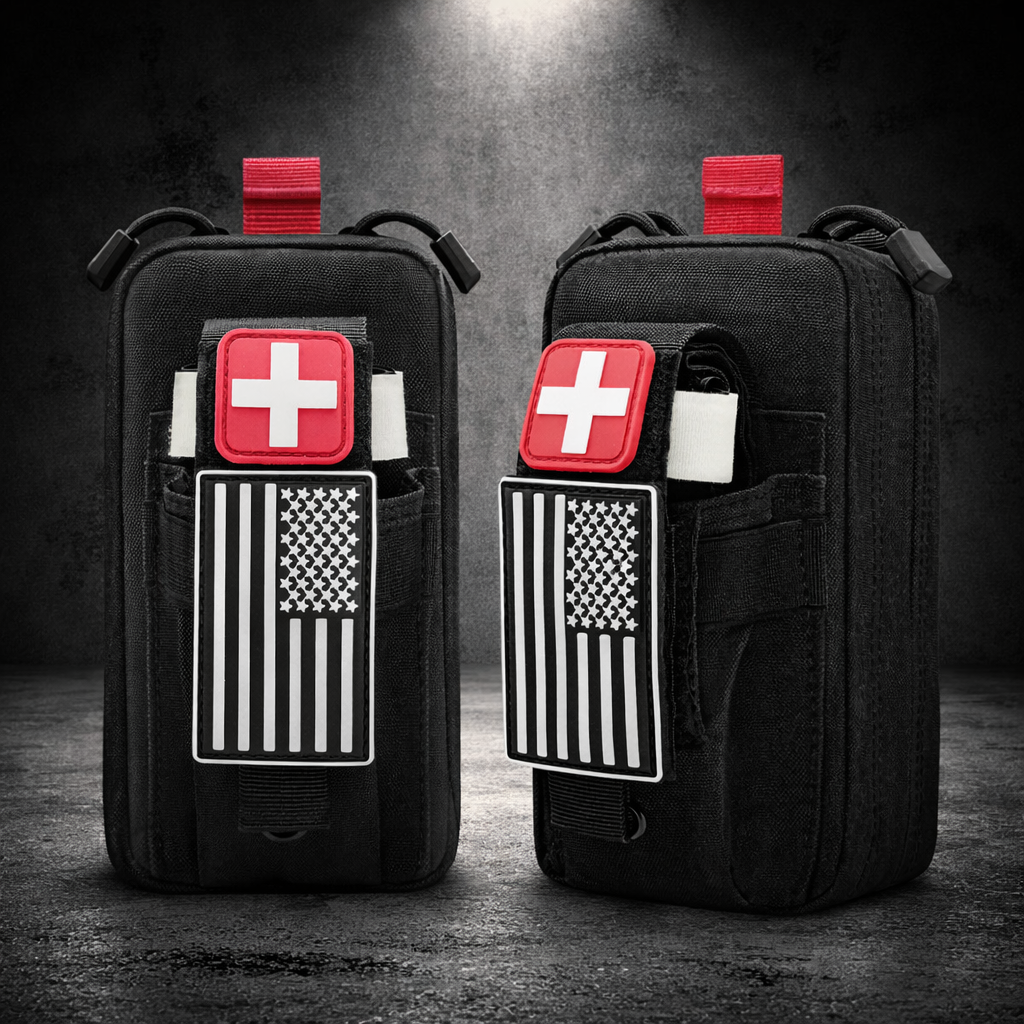 EMT IFAK pouch shown from front and angled view with MOLLE compatible design